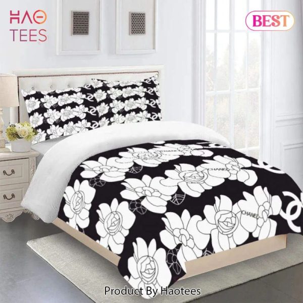 Chanel White Flowers Black Luxury Brand Bedding Set Duvet Cover Home Decor