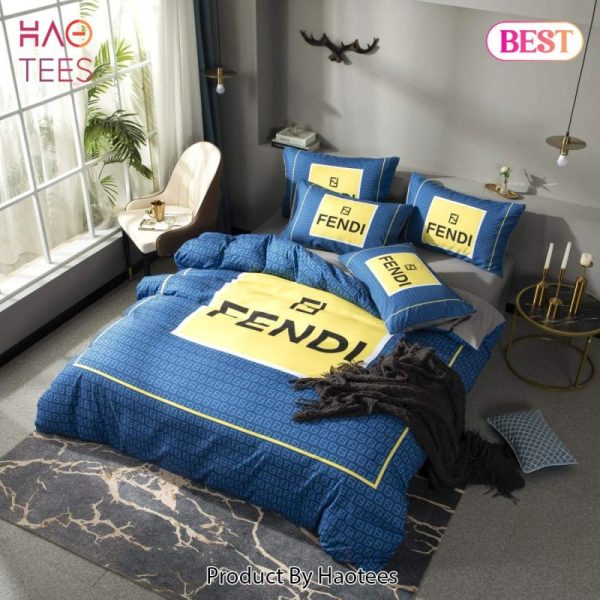 Fendi Blue Luxury Brand Premium Bedding Set Bedspread Duvet Cover Set Home Decor