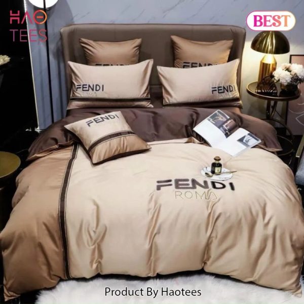 Fendi Roma Brown Premium Luxury Brand Bedding Set Duvet Cover Home Decor Special Gift