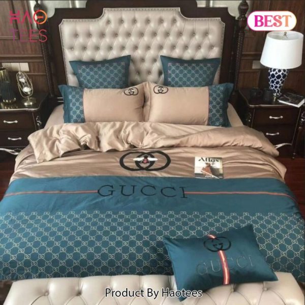 Gucci Beige Blue Luxury Brand Bedding Set Home Decor