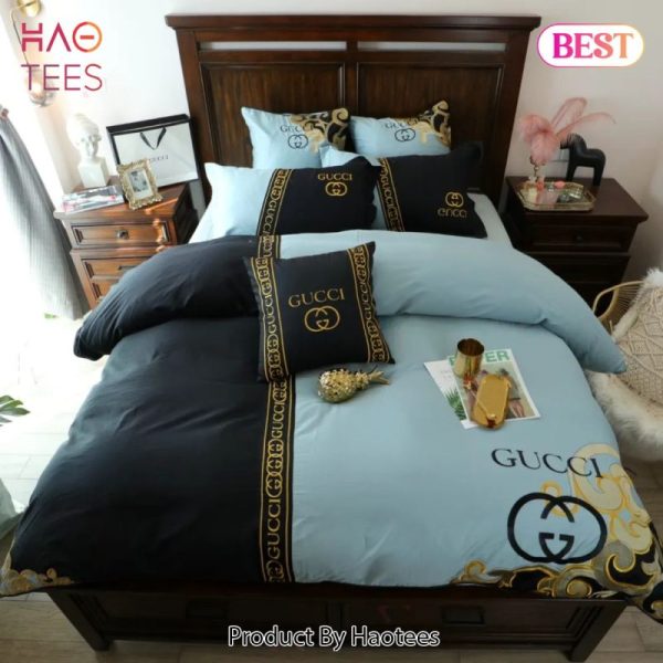 Gucci Black And Blue Luxury Brand Bedding Set Bedspread Duvet Cover Set Home Decor