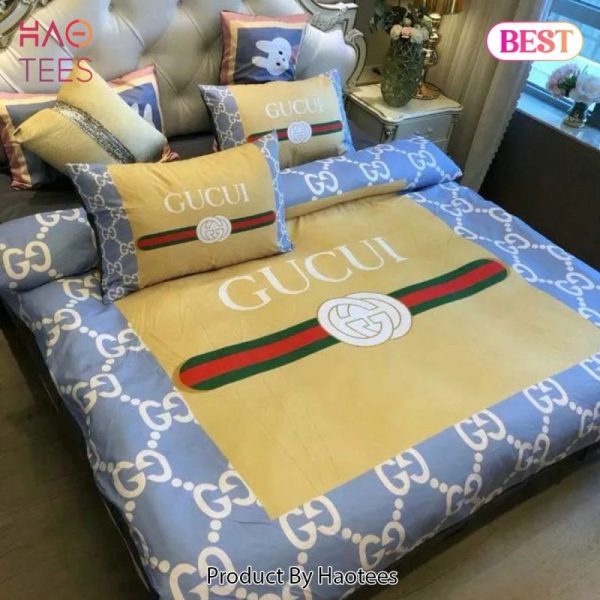 Gucci Blue Beige Luxury Brand Premium Bedding Set Bedspread Duvet Cover Set Home Decor