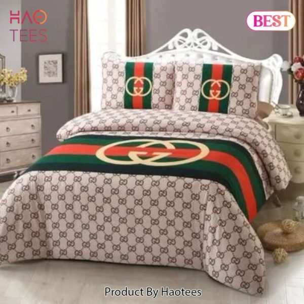 Gucci Brown Stripe Luxury Brand High-End Bedding Set Home Decor