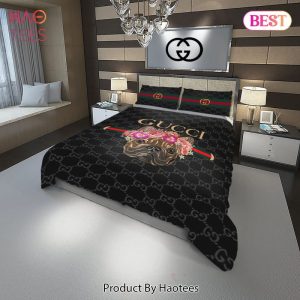 Gucci Doggy And Flowers Fashion Logo Luxury Brand Premium Bedding Set Home Decor