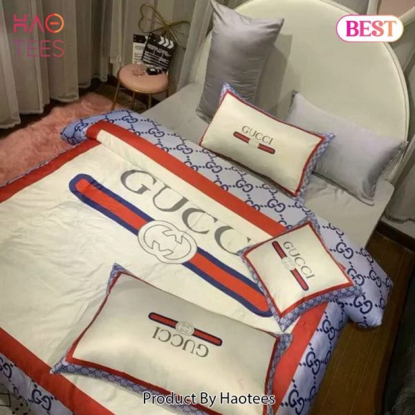 Gucci White Violet Luxury Brand Premium Bedding Set Bedspread Duvet Cover Set Home Decor