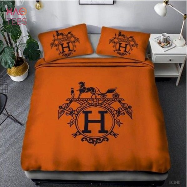 Hermes Black Logo Mix Full Orange Duvet Cover Bedding Set