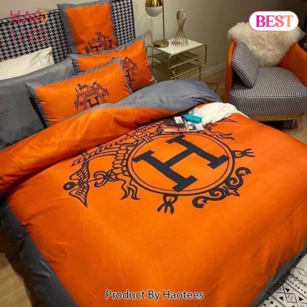 Hermes Orange Logo Luxury Brand Bedding Set Home Decor