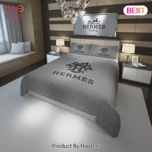 Hermes Paris Logo Grey Fashion Luxury Brand Premium Bedding Set Home Decor