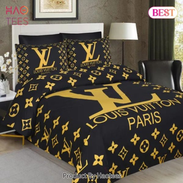 Louis Vuiton Black Golden Paris Logo Luxury Brand Bedding Set Home Decor