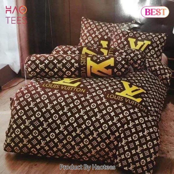 Louis Vuitton Brown Golden Logo Luxury Brand Bedding Set Home Decor