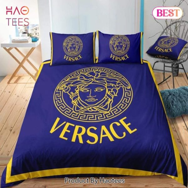 Versace Golden Logo Blue Luxury Brand Bedding Set Duvet Cover Home Decor