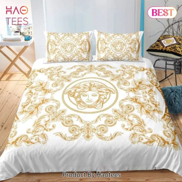 Versace Medusa Golden Pattern White Luxury Brand Bedding Set Duvet Cover Home Decor