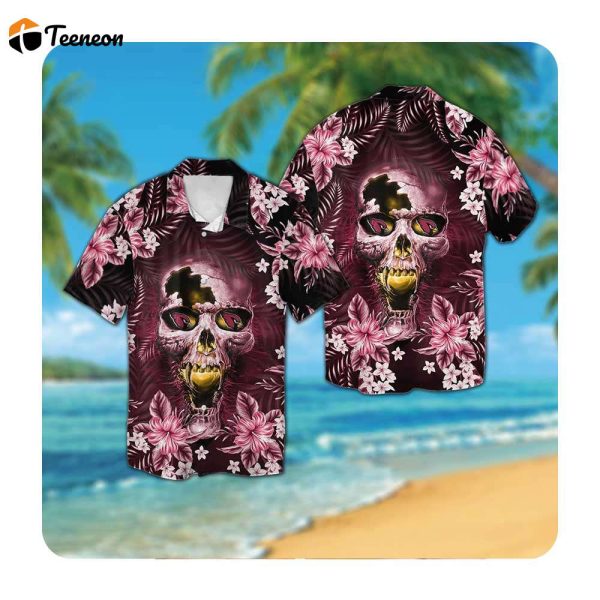 Arizona Cardinals Skull Hawaiian Shirts Tropical Aloha Skull Short Sleeve Button Up Gift For NFL Fans