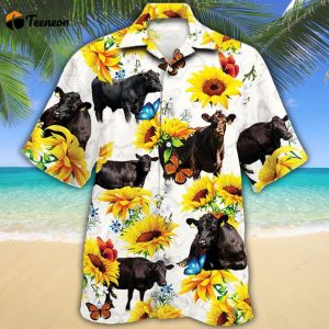 Black Angus Cattle Sunflower Hawaiian Shirt