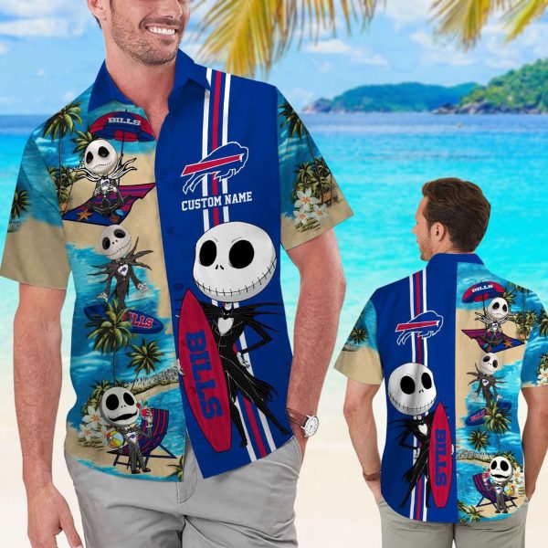 Buffalo Bills Jack Skellington Name Personalized Short Sleeve Button Up Tropical Aloha Hawaiian Shirt Set for Men Women Kids