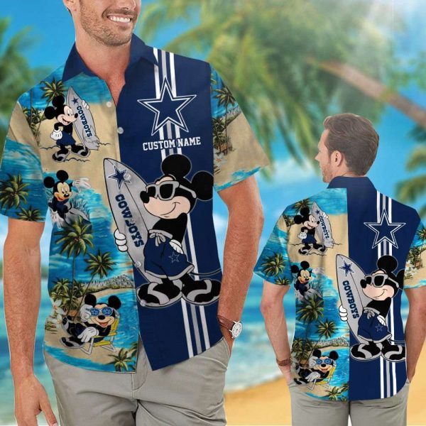 Dallas Cowboys Mickey Name Personalized Short Sleeve Button Up Tropical Aloha Hawaiian Shirt Set for Men Women Kids