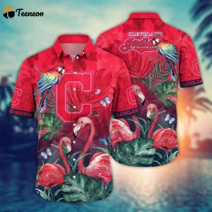 MLB Cleveland Indians Hawaiian Shirt Flower Pink Crane Pattern For Fans